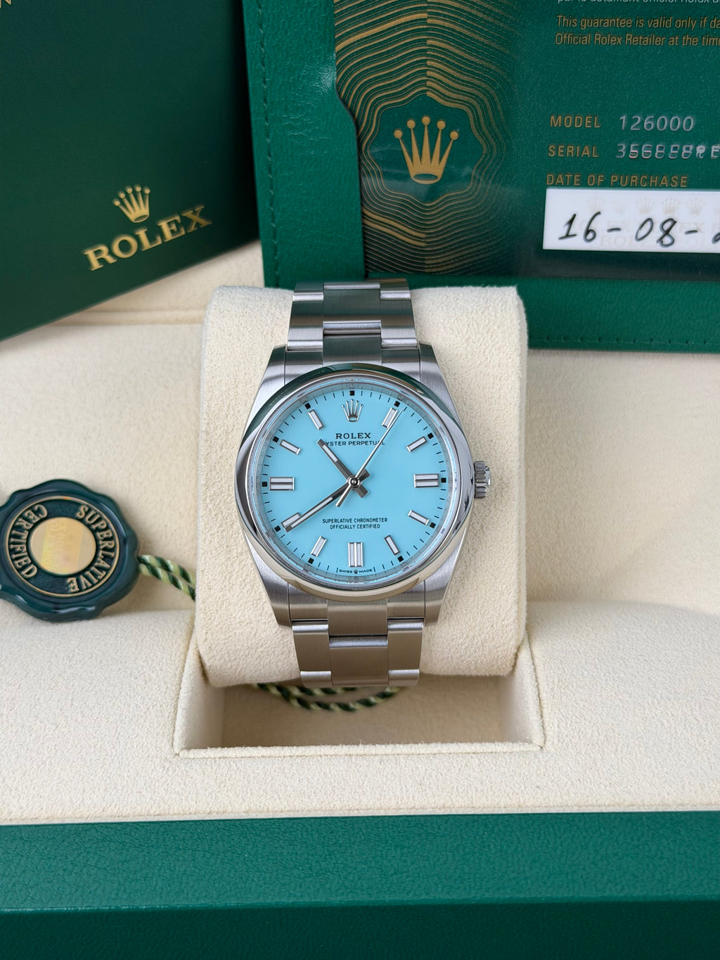 Rolex Oyster Perpetual 36 Tiffany 126000 / 2025 / FULL SET / WIE NEU / UNPOLIERT