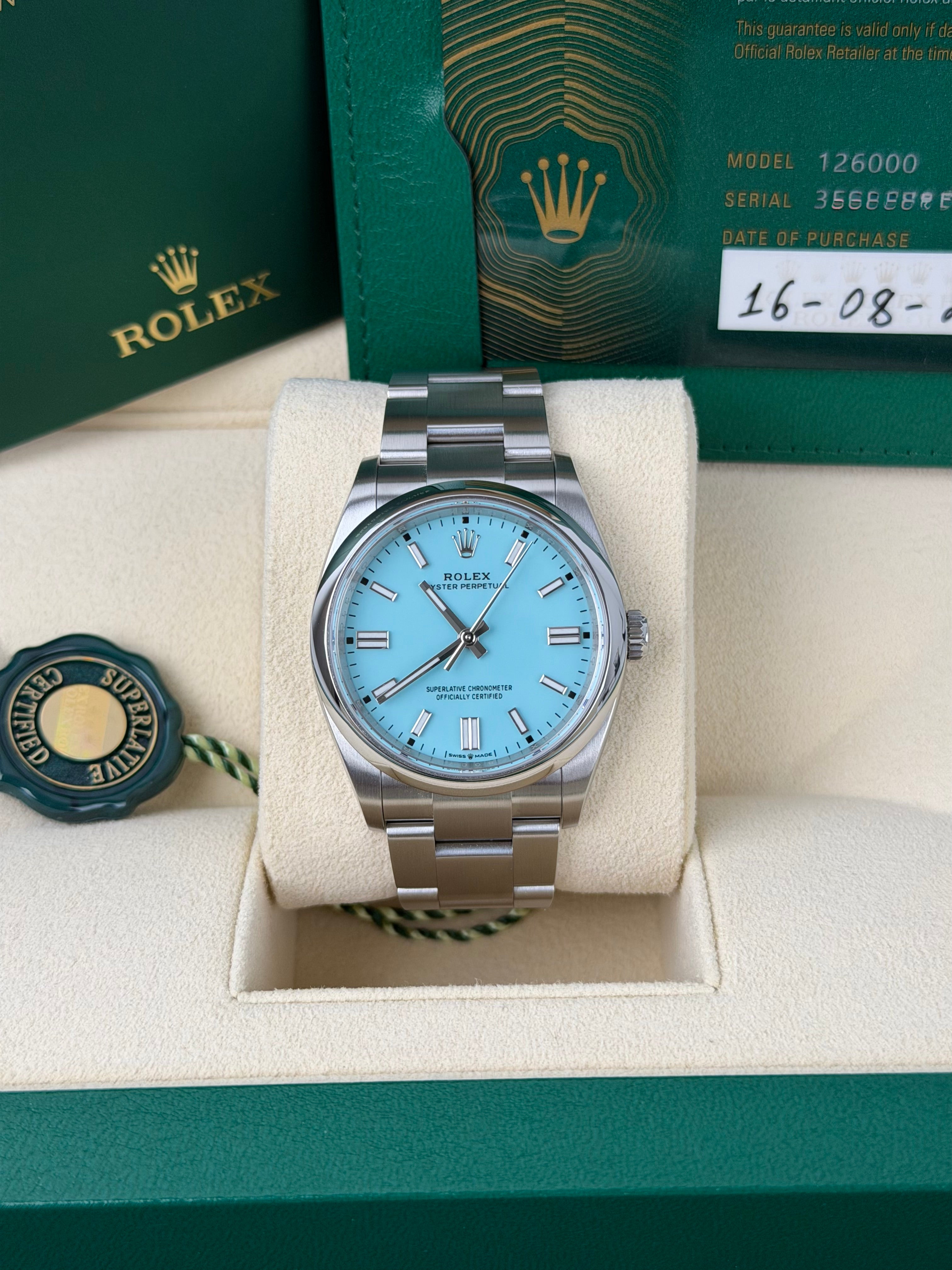 Rolex Oyster Perpetual 36 Tiffany 126000 / 2025 / FULL SET / WIE NEU / UNPOLIERT