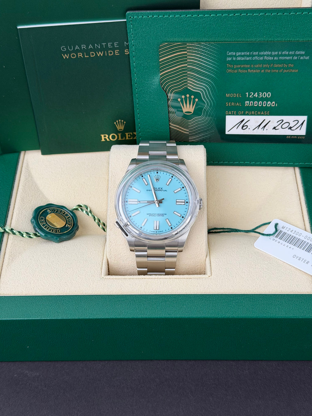 Rolex Oyster Perpetual 41 Tiffany 124300 / 2021 / FULL SET / WIE NEU