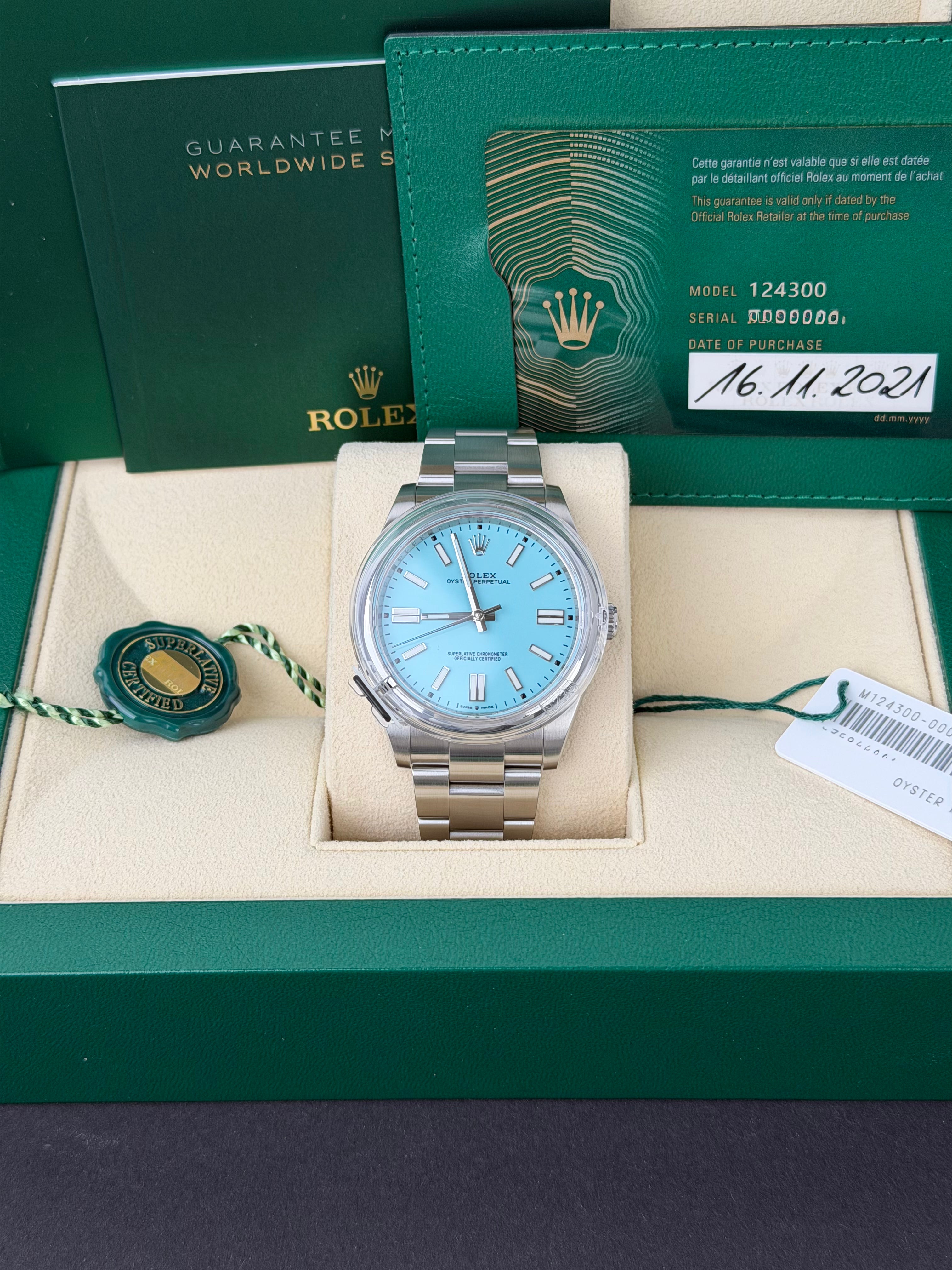 Rolex Oyster Perpetual 41 Tiffany 124300 / 2021 / FULL SET / WIE NEU