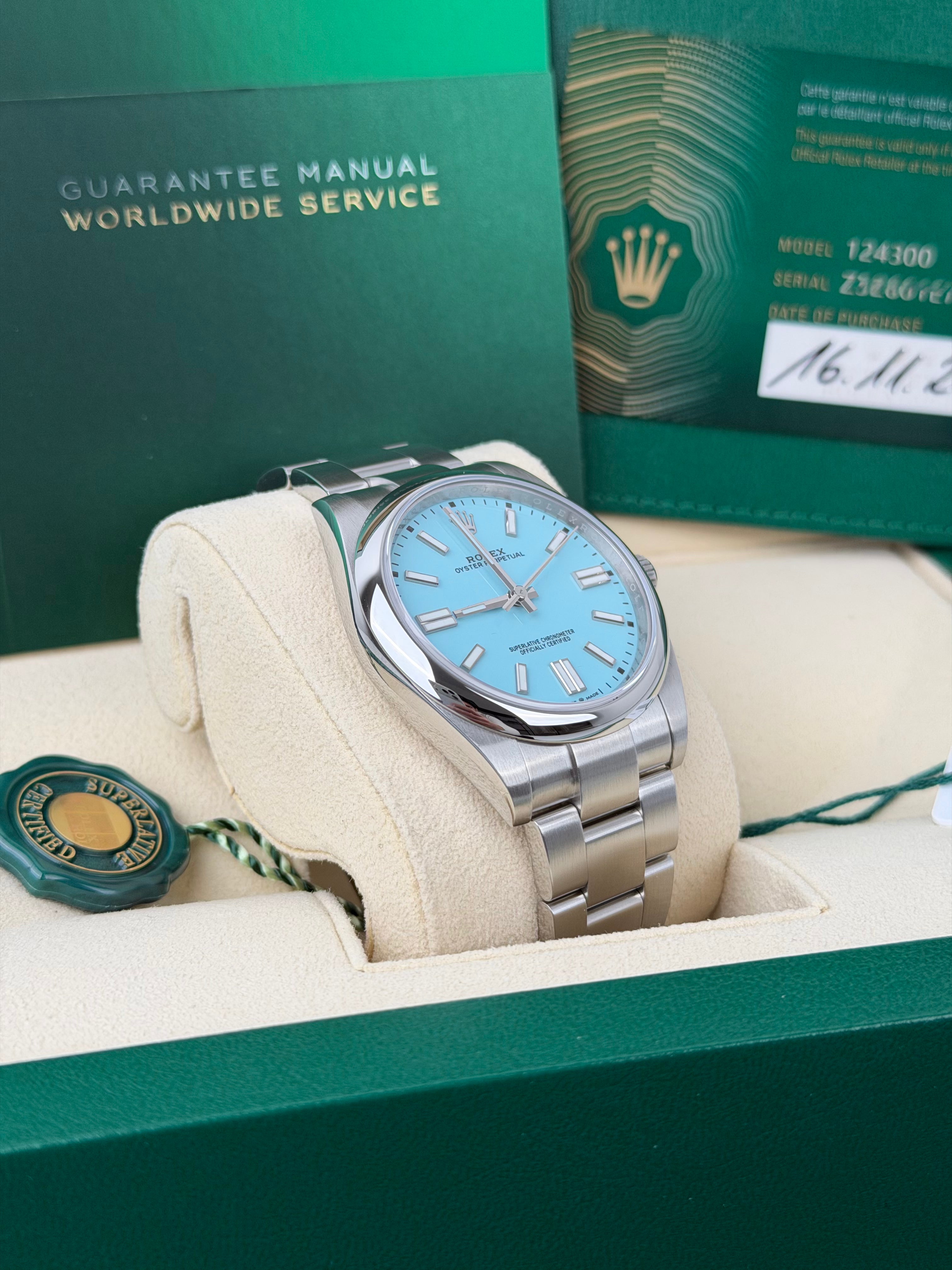 Rolex Oyster Perpetual 41 Tiffany 124300 / 2021 / FULL SET / WIE NEU