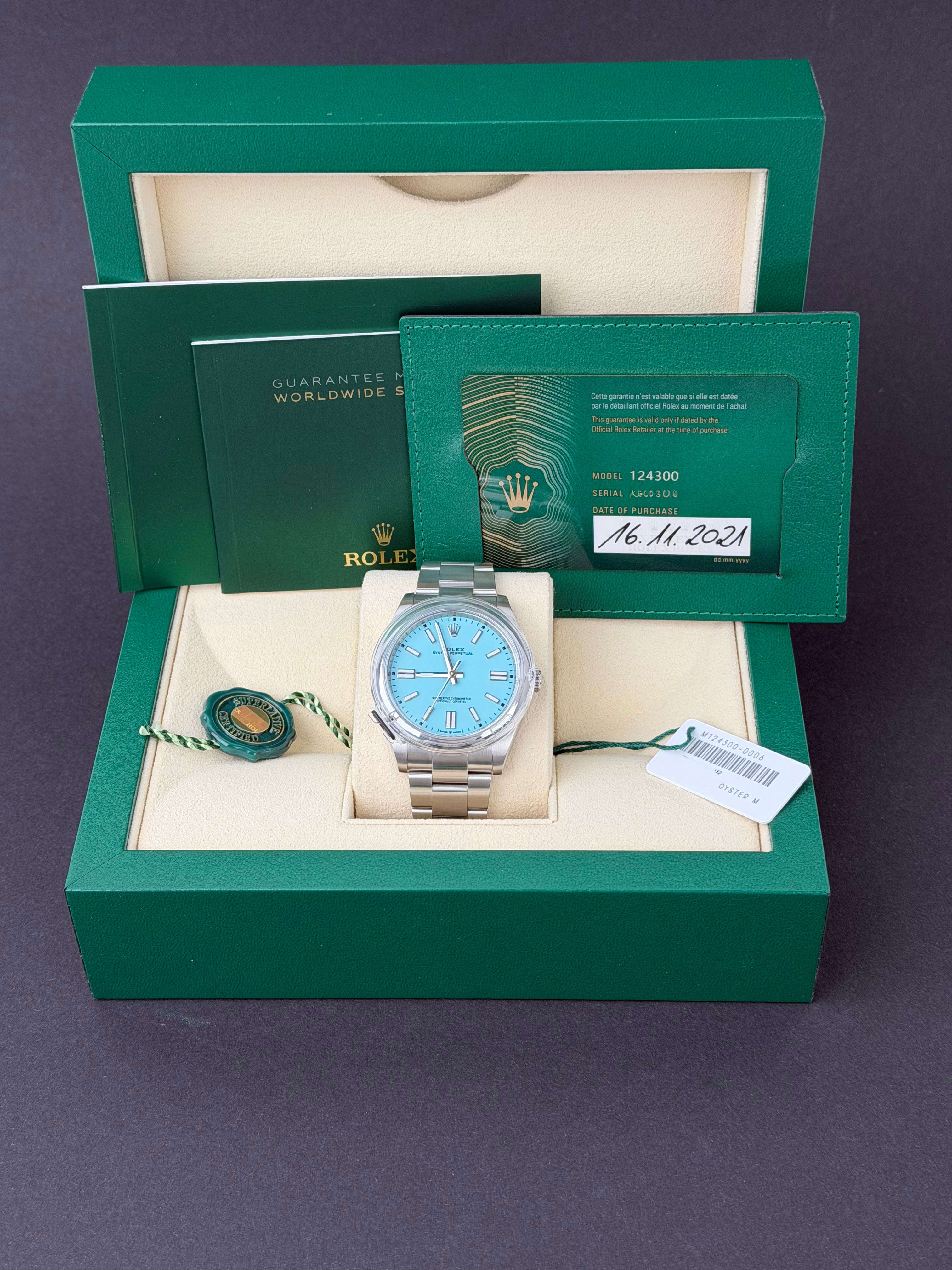 Rolex Oyster Perpetual 41 Tiffany 124300 / 2021 / FULL SET / WIE NEU