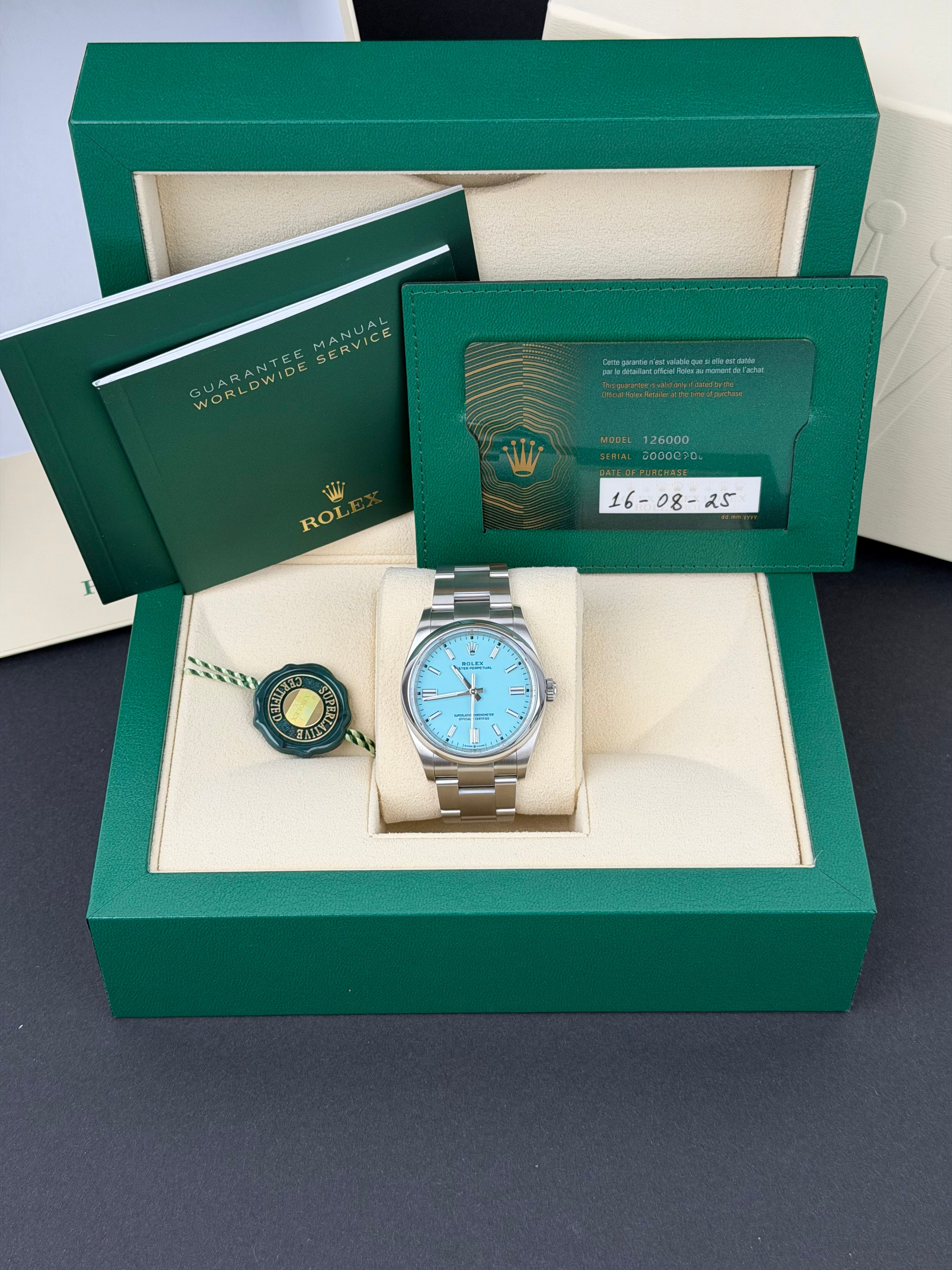 Rolex Oyster Perpetual 36 Tiffany 126000 / 2025 / FULL SET / WIE NEU / UNPOLIERT